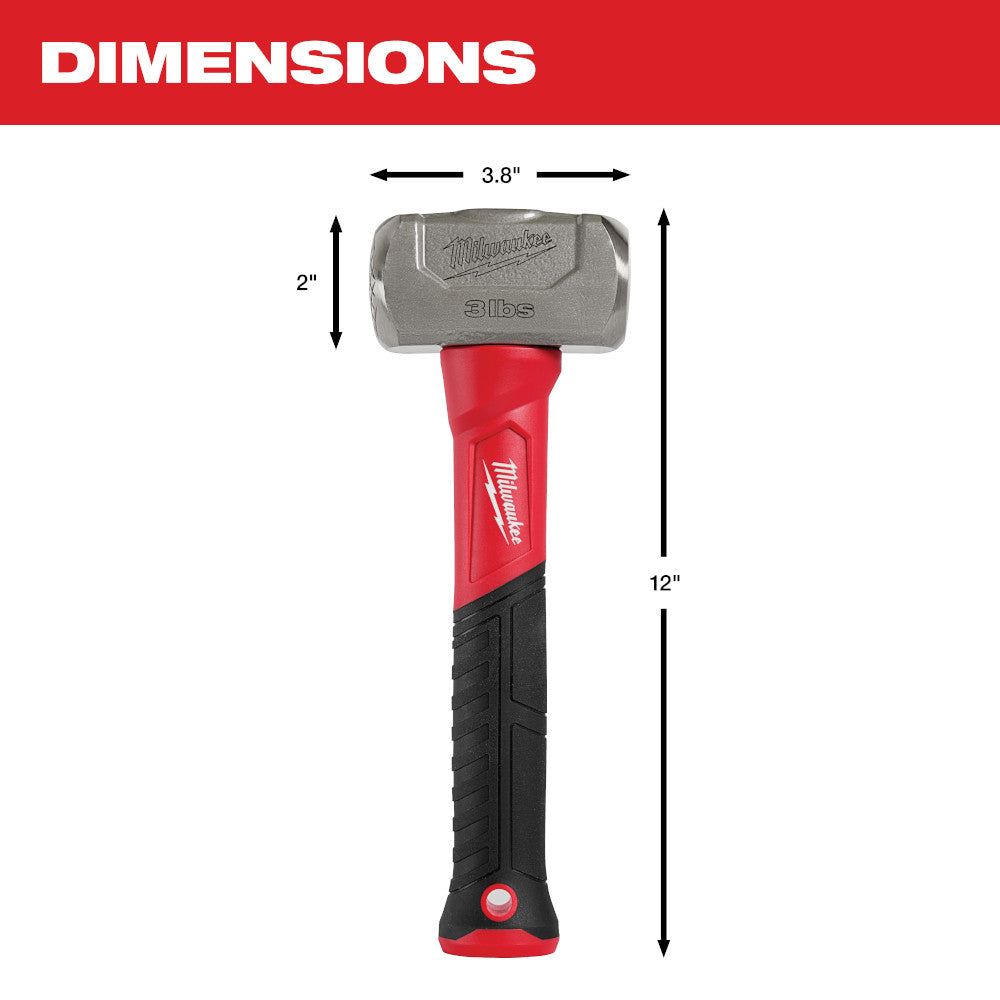 Milwaukee 3lb drilling hammer with gray rectangular head, red upper handle, and black grip base, measuring 12 inches long.