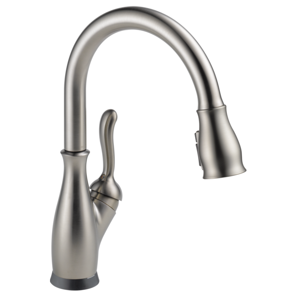 Stainless steel single-handle pull-down kitchen faucet with curved spout and dark base.