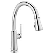 Chrome pull-down kitchen faucet with curved spout and single lever handle.