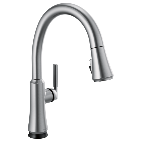 Stainless steel kitchen faucet with curved pull-down spout and single lever handle.