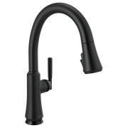 Black single-handle kitchen faucet with curved pull-down spout and side lever control.