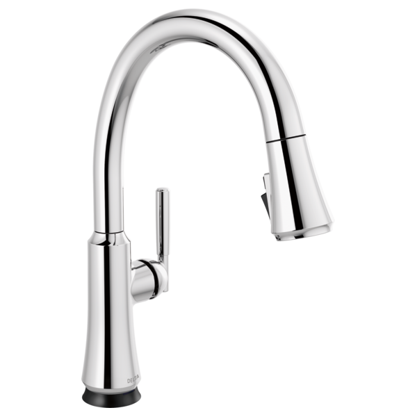 Chrome single-handle kitchen faucet with arched pull-down spout and touch-activated base.
