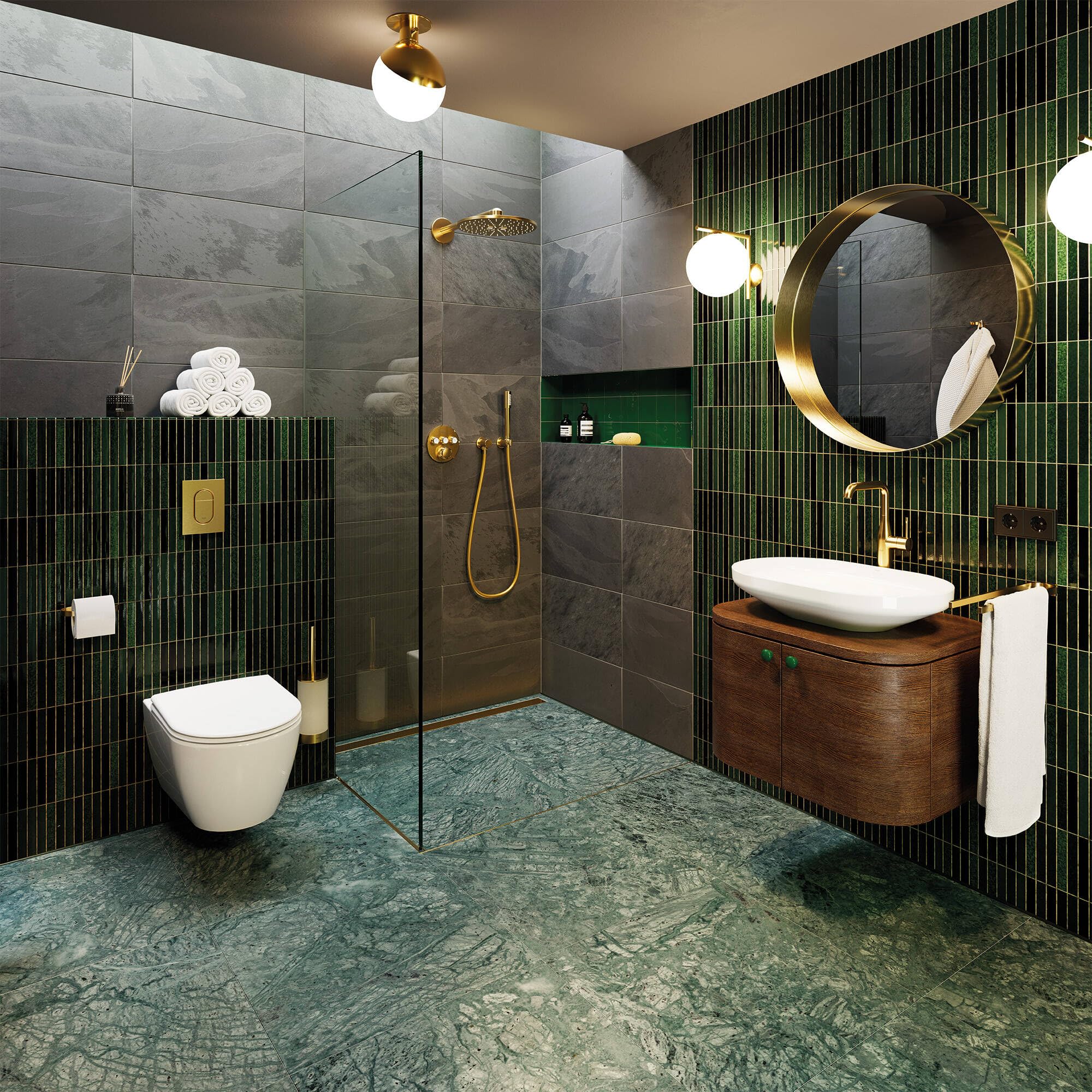 Brushed gold wall-mounted hand shower holder with curved bracket and connector visible in modern bathroom shower setting.
