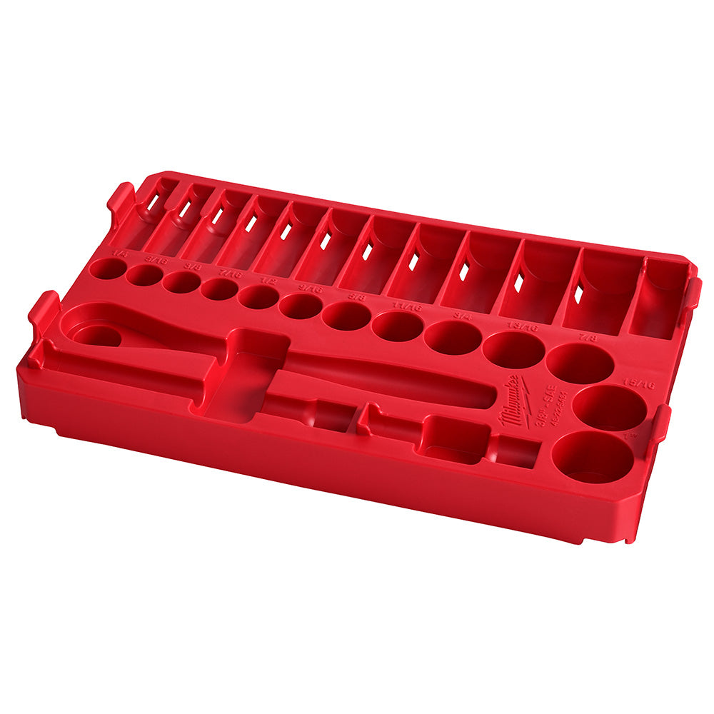 Red PACKOUT tray with organized compartments for 3/8 in. sockets and ratchet tool storage.