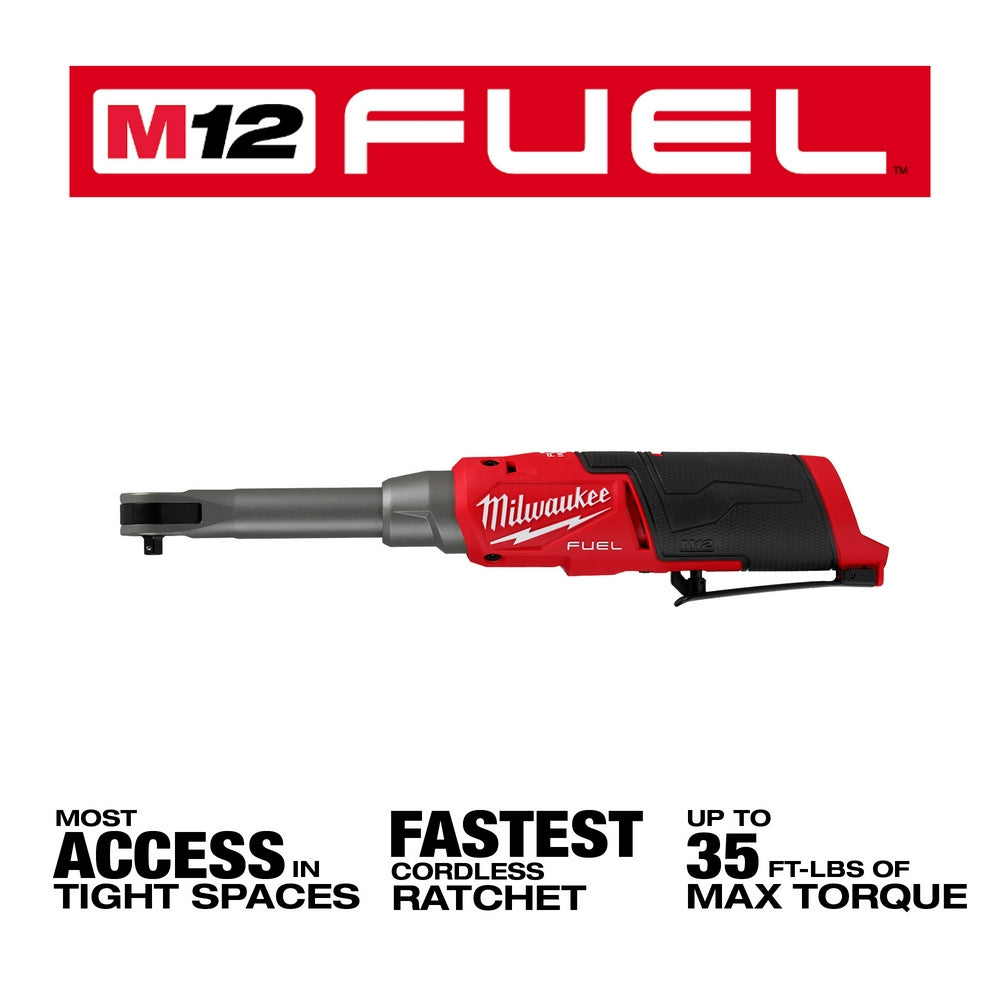 Milwaukee M12 FUEL cordless ratchet with red and black body, extended reach shaft, and trigger grip.