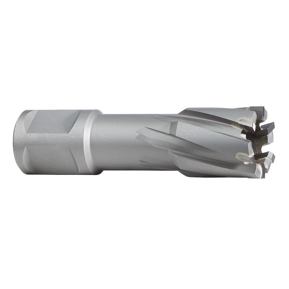 Silver cylindrical TCT annular cutter with fluted cutting head and tapered shank for metal drilling.