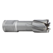 Milwaukee TCT annular cutter with cylindrical shank and fluted cutting head with dark carbide teeth.