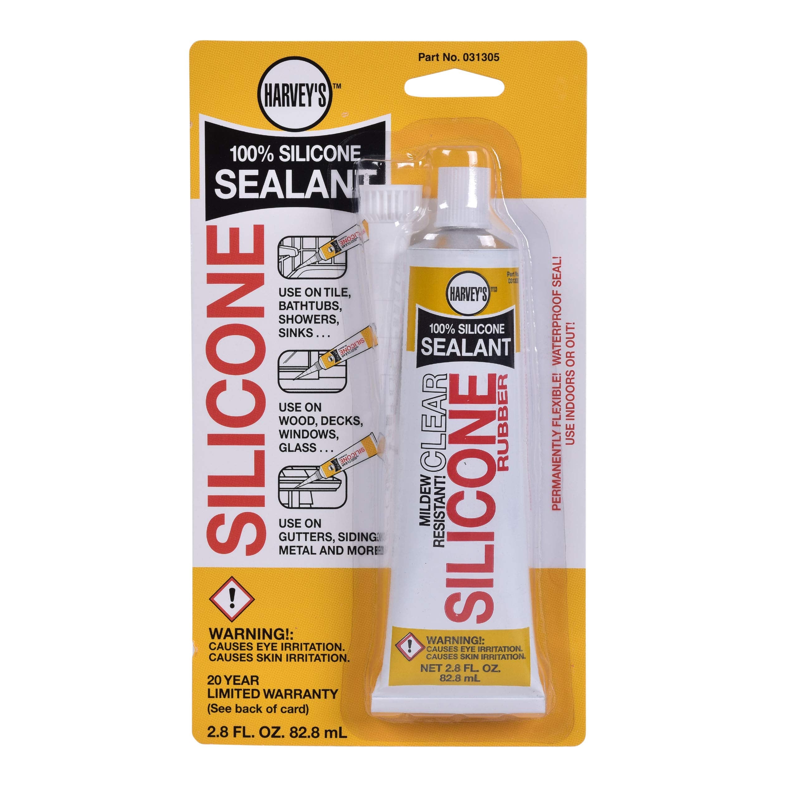 Clear silicone sealant tube with white cap on yellow and white packaging labeled Harvey's Silicone Sealant, 2.8 fl oz.