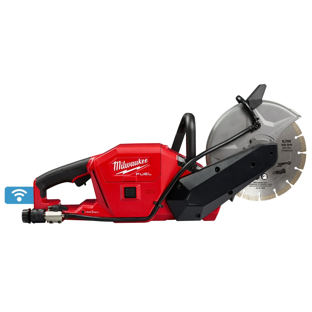 Milwaukee M18 FUEL cut-off saw with red body, black handles, gray blade guard, and diamond-tipped circular blade.