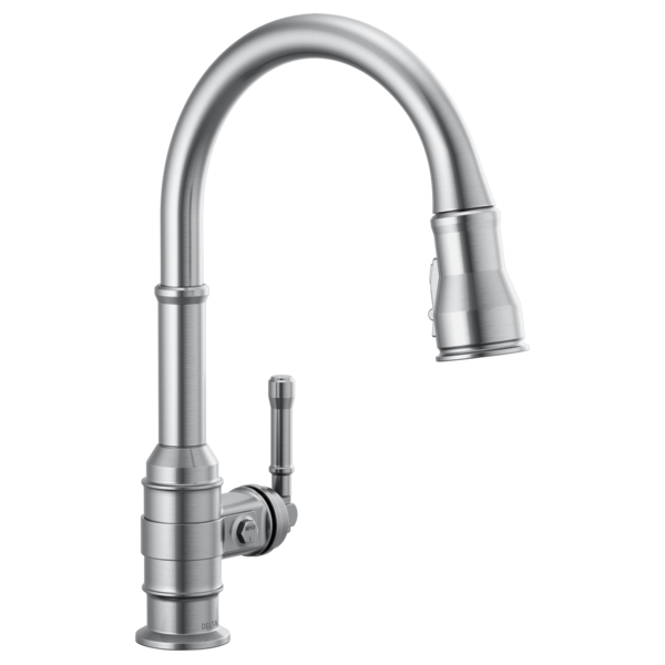 Chrome kitchen faucet with curved pull-down spout and single handle control lever.