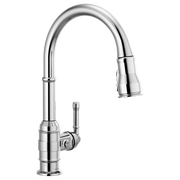 Chrome kitchen faucet with curved pull-down spout and single lever handle on cylindrical base.