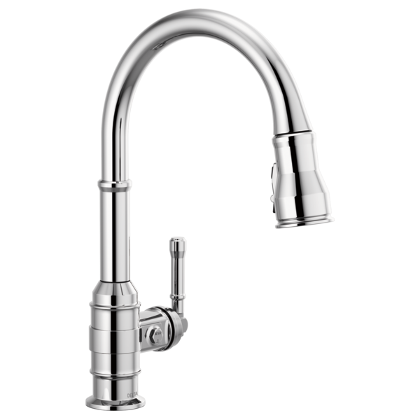 Chrome kitchen faucet with curved pull-down spout and single lever handle on cylindrical base.