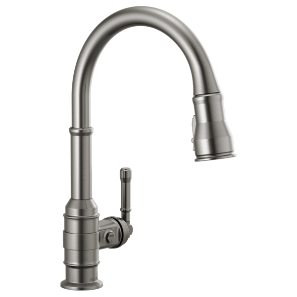 Brushed stainless steel kitchen faucet with high curved spout and pull-down spray head with single side handle.