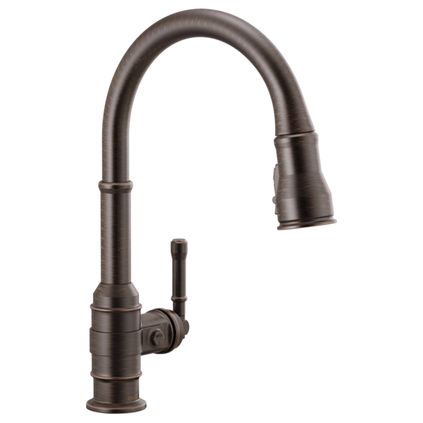 Bronze single handle kitchen faucet with curved pull-down spout and side lever control.