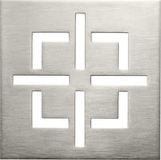 Satin brass square drain trim grid with geometric cutout pattern in brushed metal finish.