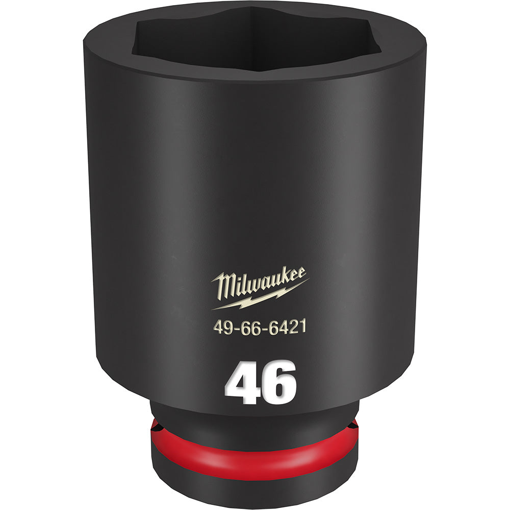 Black 46MM 3/4" drive deep socket with hexagonal opening and red grip band on base.