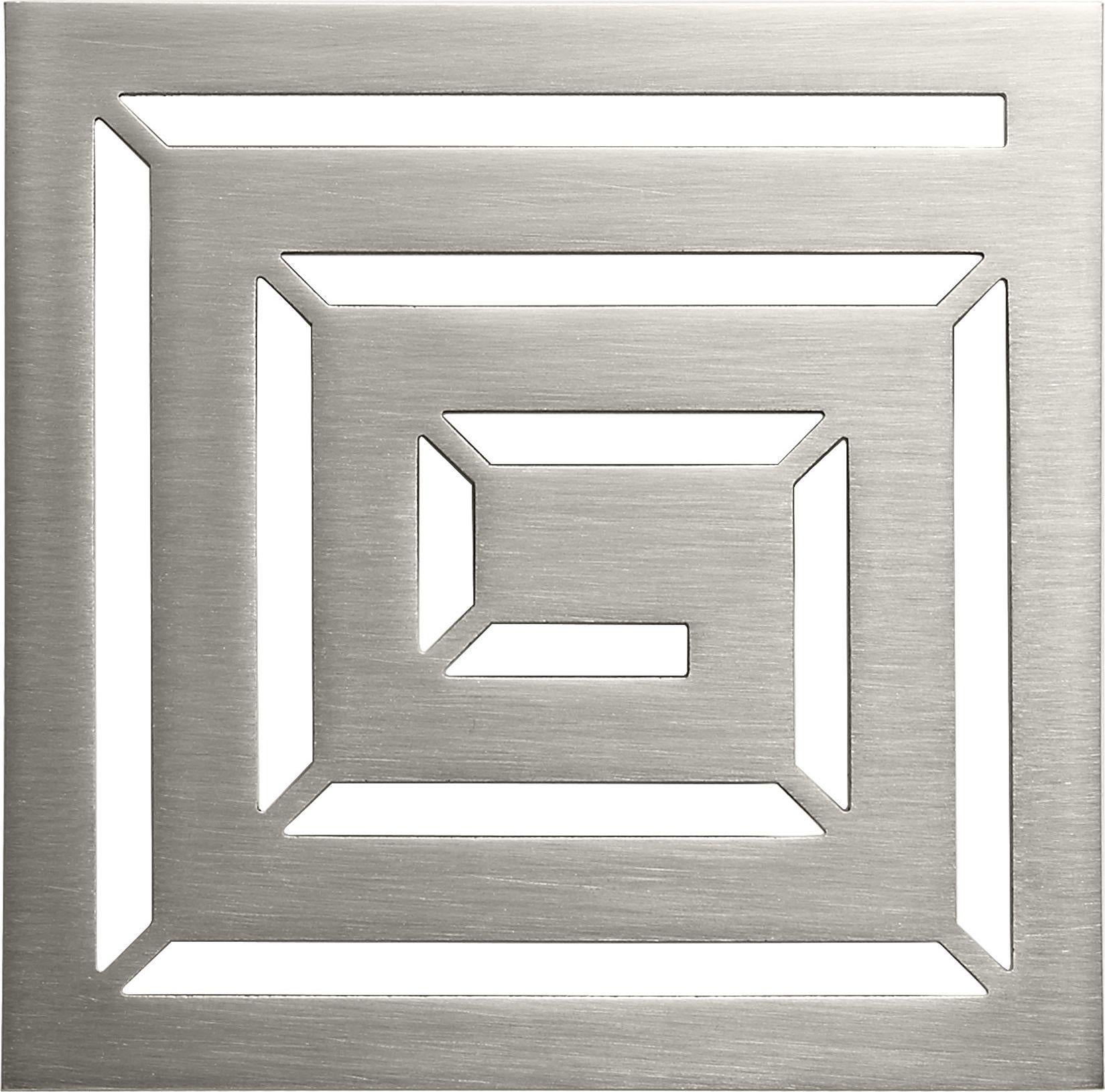 Satin nickel square drain trim grid with nested rectangular openings and beveled edges.