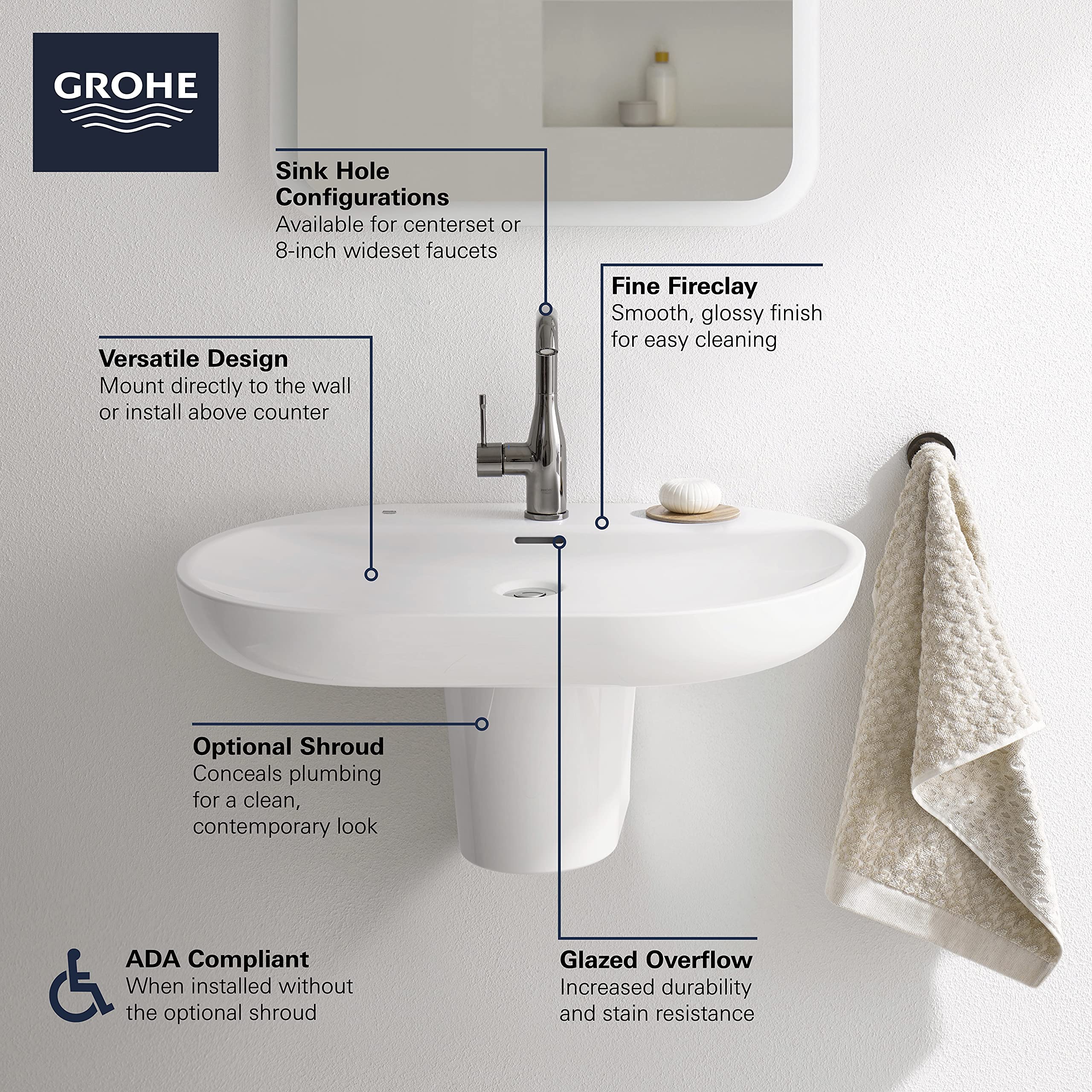Grohe Essence 39669000 Wall Mount 27" Bathroom Sink, 1-hole in Grohe Alpine White