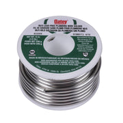 Coil of silver lead-free plumbing solder wire on white and green labeled spool.