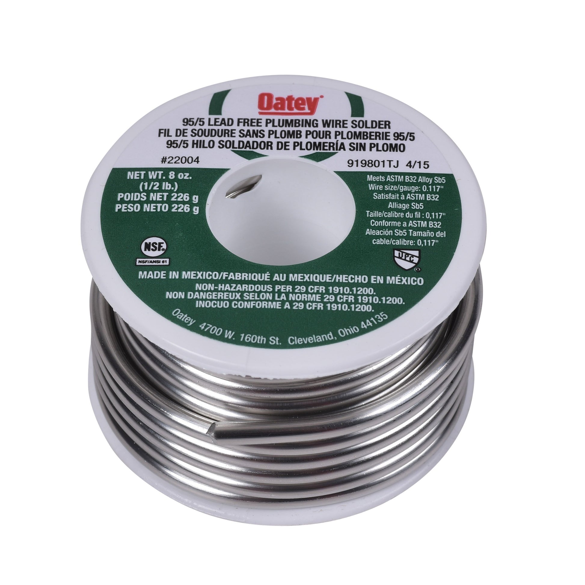 Coil of silver lead-free plumbing solder wire on white and green labeled spool.