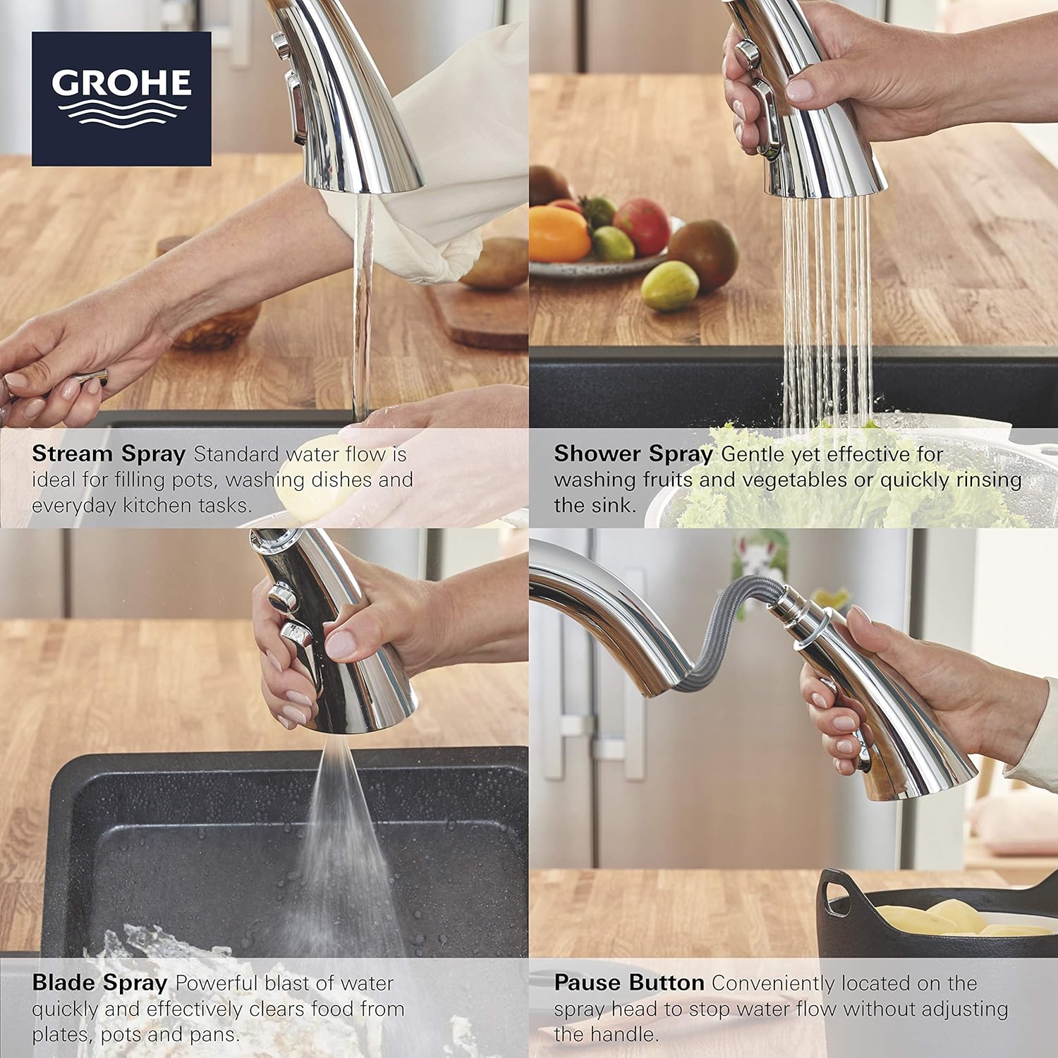 Grohe 32298DC3 Zedra Single-Handle Pull Down Kitchen Faucet Triple Spray 1.75 GPM In Supersteel Finish