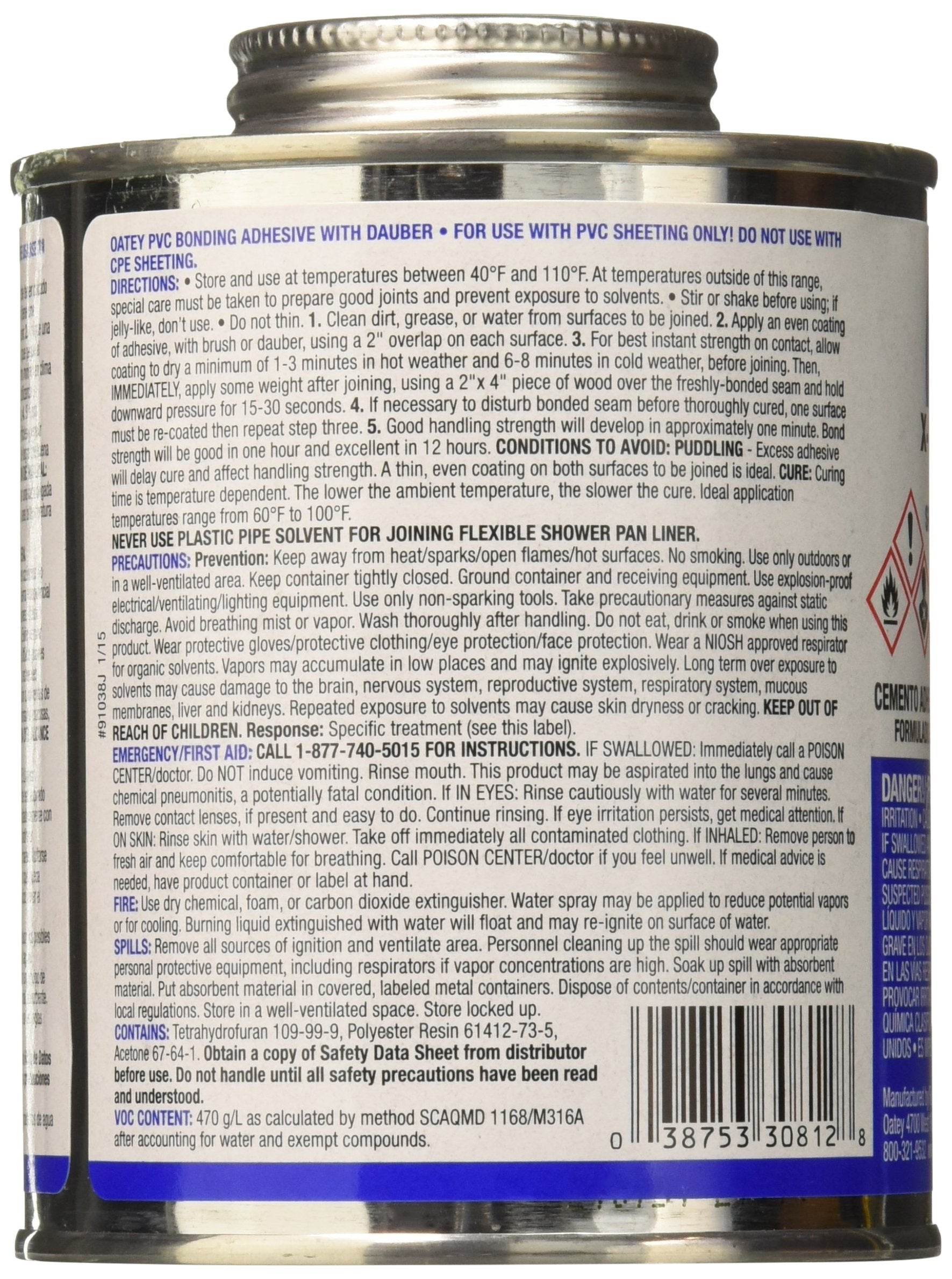 White PVC solvent cement adhesive in metal can with blue label and screw-top lid.
