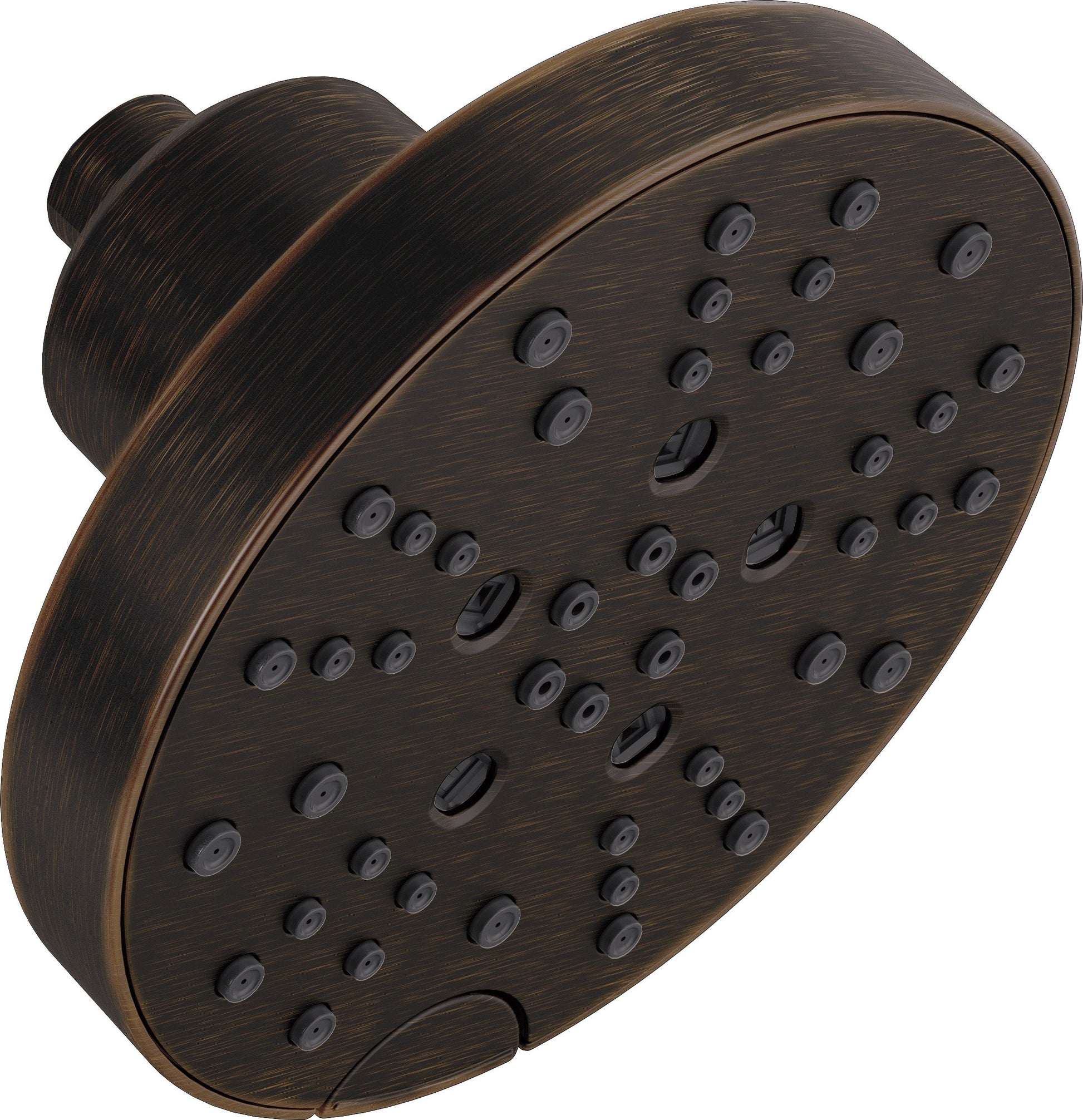 Round oil-rubbed bronze showerhead with multiple spray jets and curved arm connection on white background.