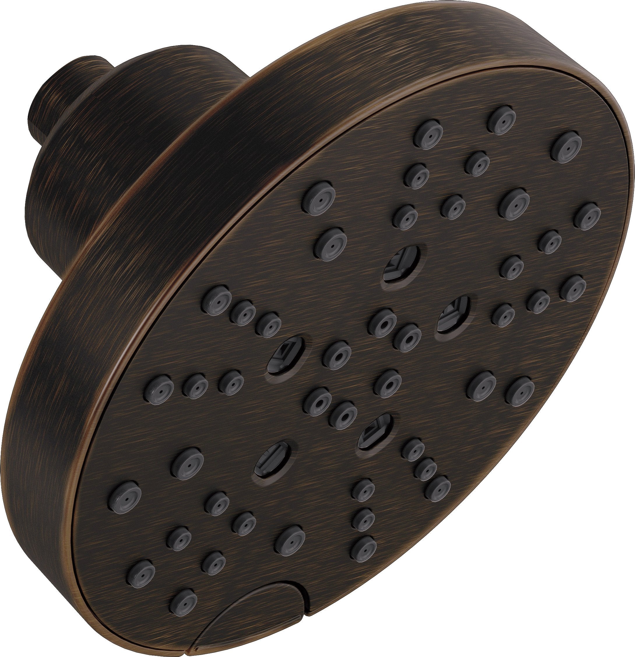Round oil-rubbed bronze showerhead with multiple spray jets and curved arm connection on white background.