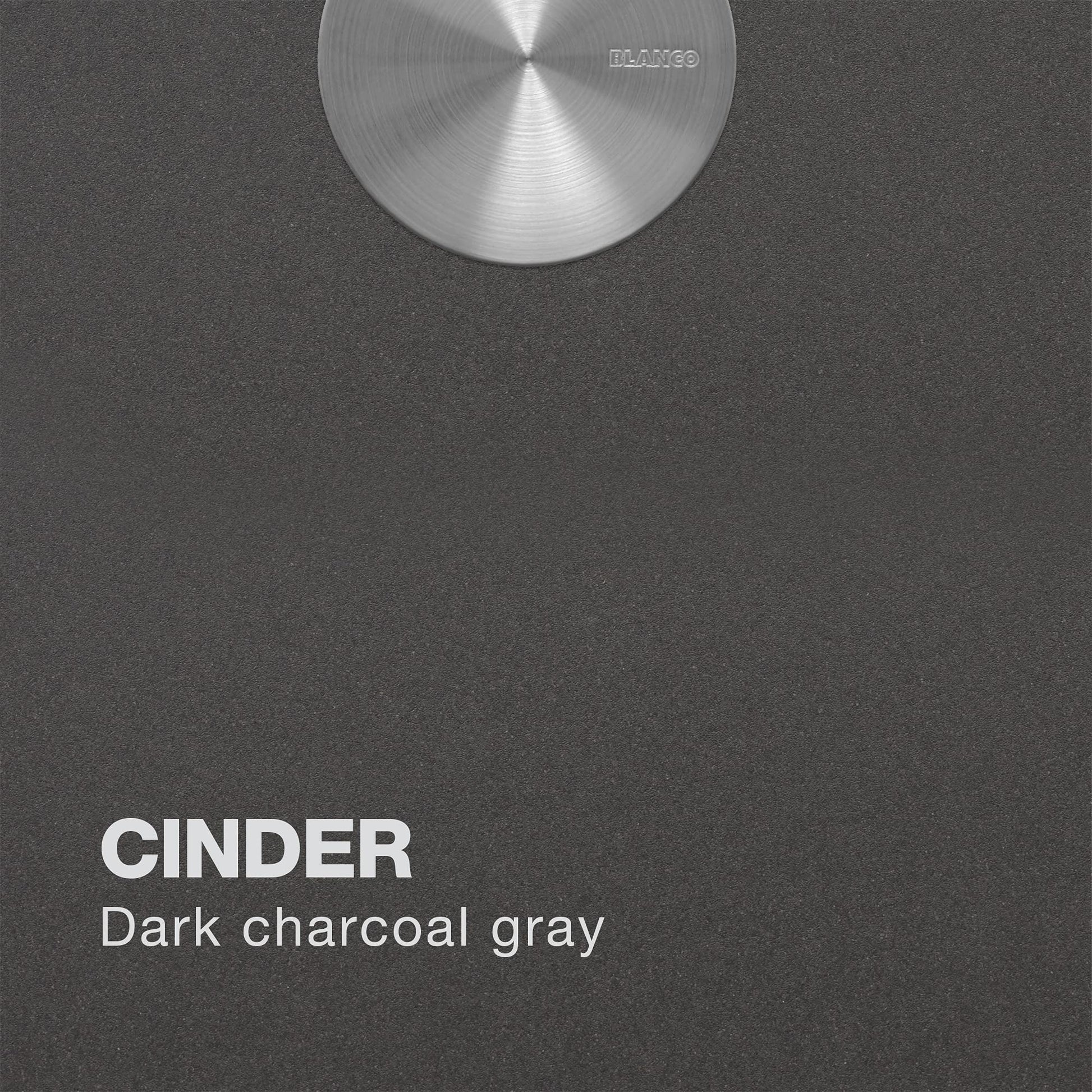 Blanco Liven 25 single bowl sink in cinder dark charcoal gray with brushed stainless steel circular basin detail.
