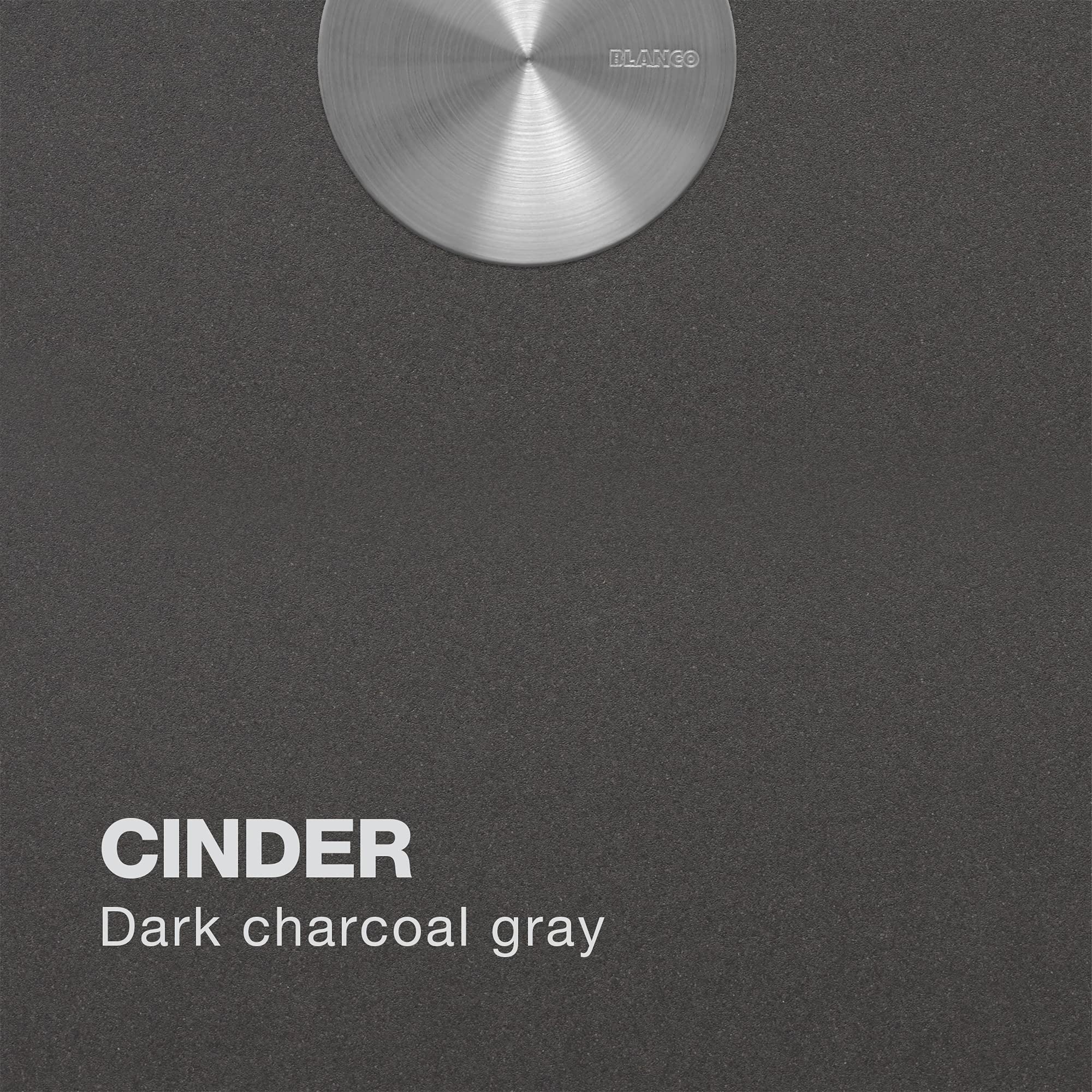 Blanco Liven bar sink with circular brushed stainless steel basin on dark charcoal gray composite countertop.