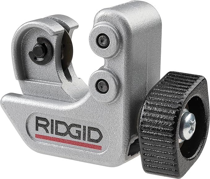 RIDGID close quarters tubing cutter with silver cast body, black cutting wheel, and adjustment knob.