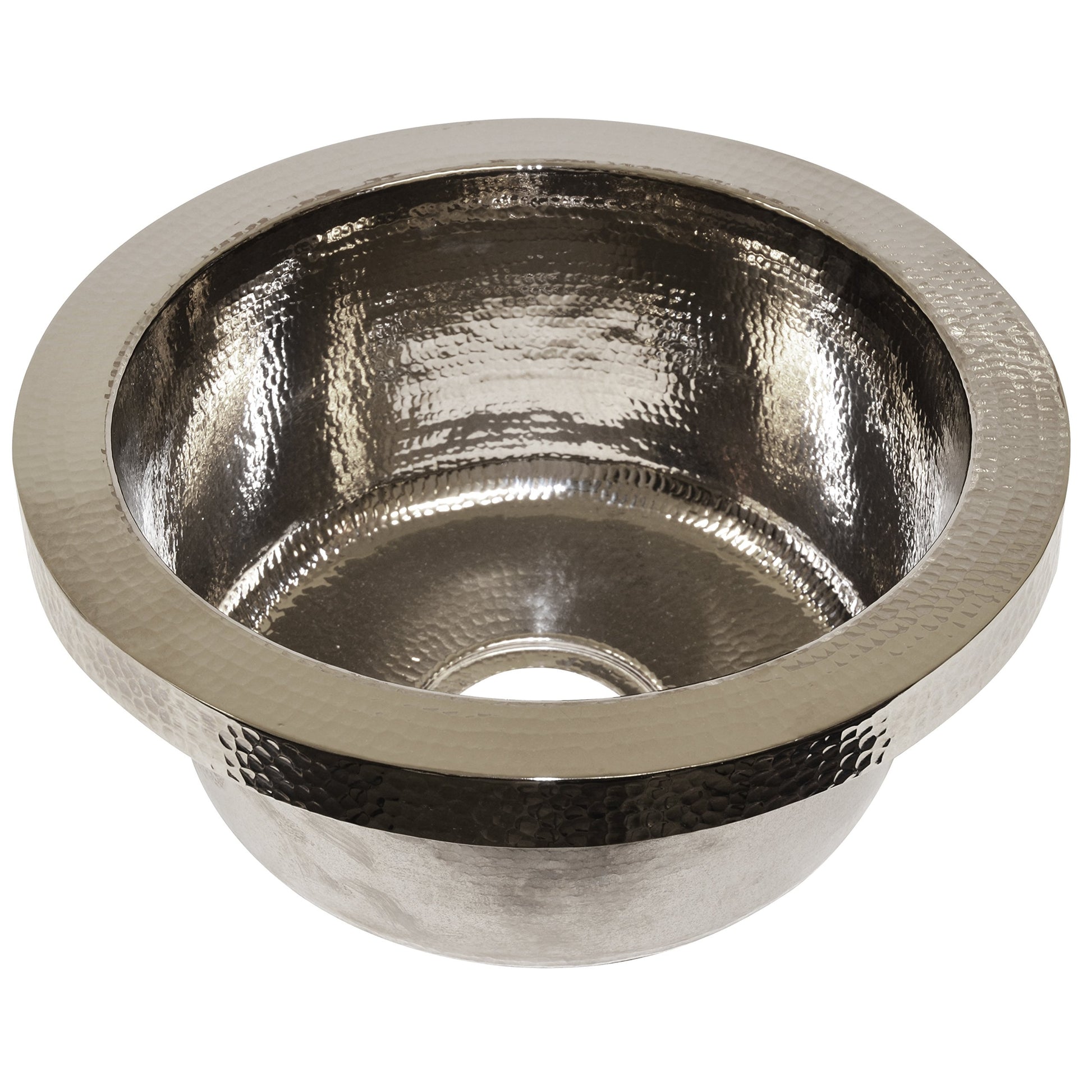 Polished nickel round bar sink with hammered interior and smooth rim, drain hole visible at center bottom.