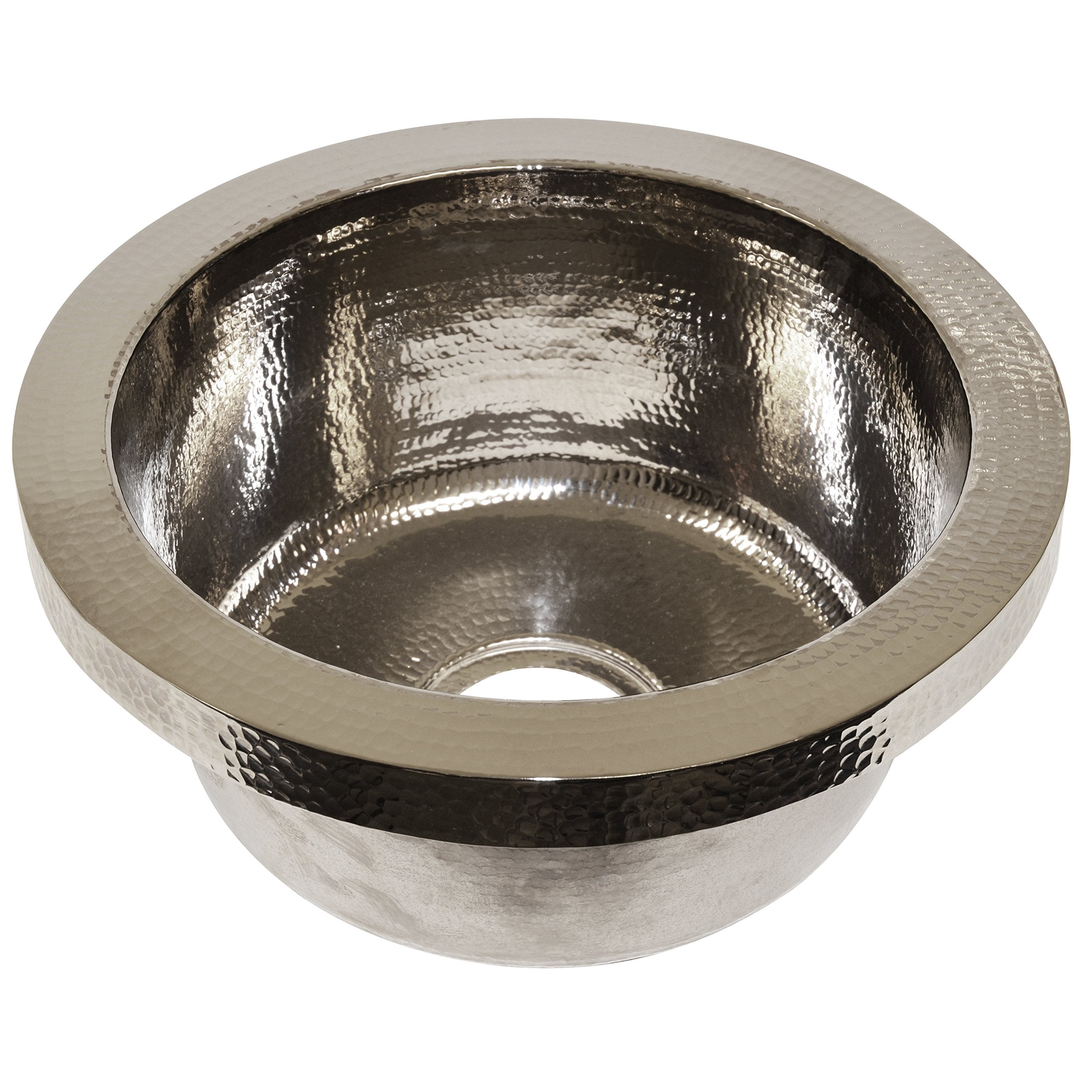 Polished nickel round bar sink with hammered interior and smooth rim, drain hole visible at center bottom.