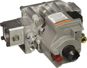 Honeywell gas valve with metal solenoid, brass ports, red control knob, and orange label on gray housing.