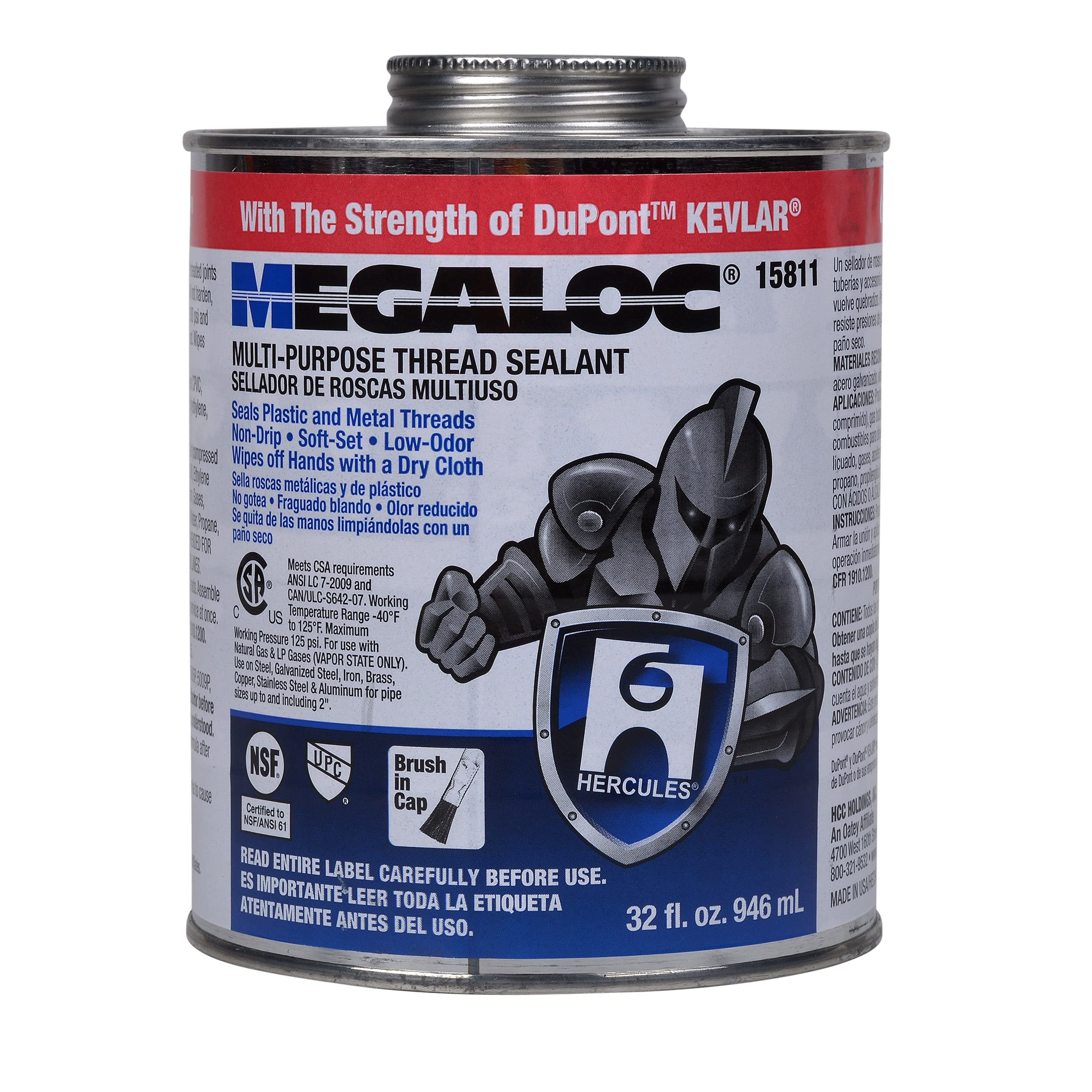 Blue and white cylindrical container of Megaloc multi-purpose thread sealant with brush-in-cap applicator.