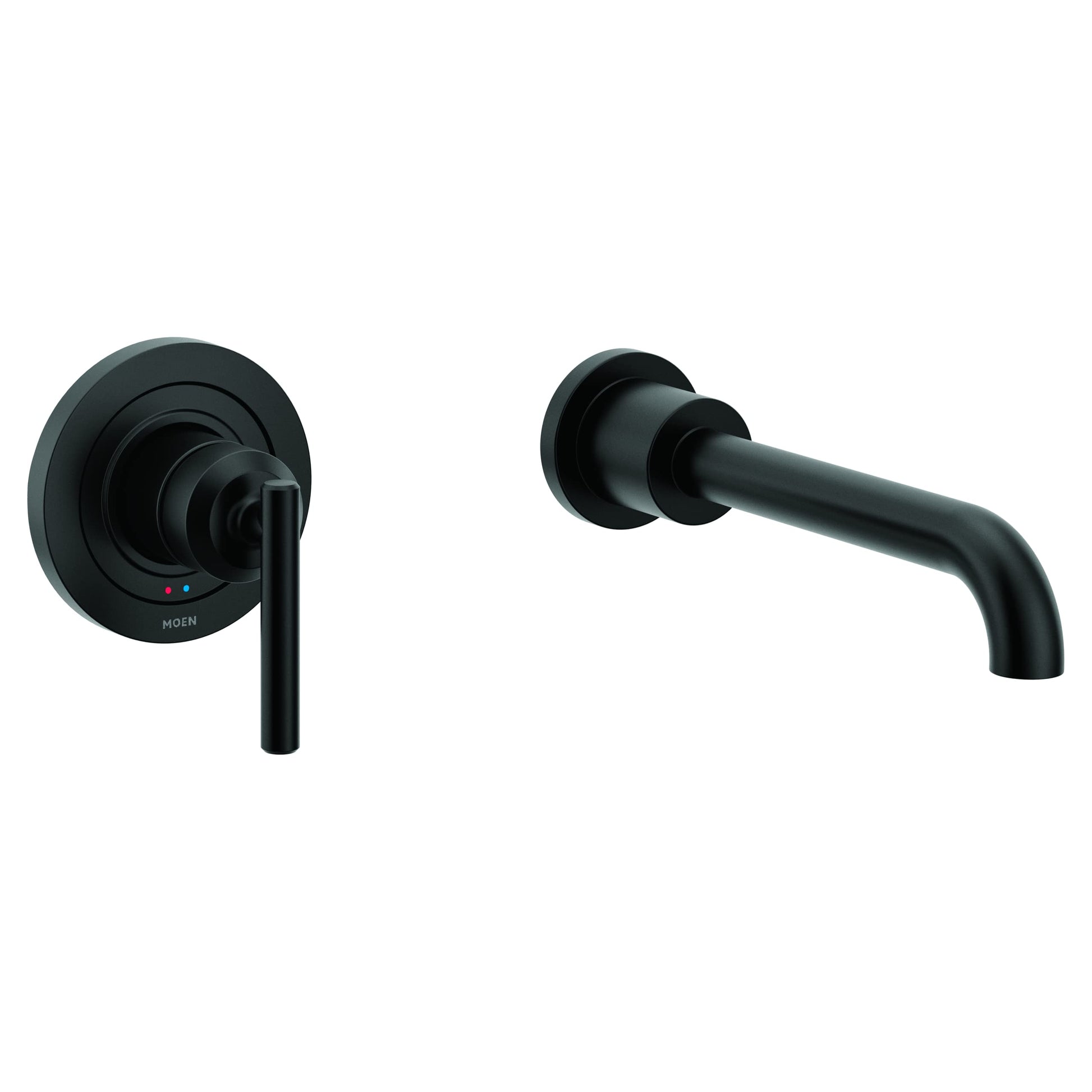Moen Gibson matte black wall-mount tub faucet with single handle lever and curved spout.