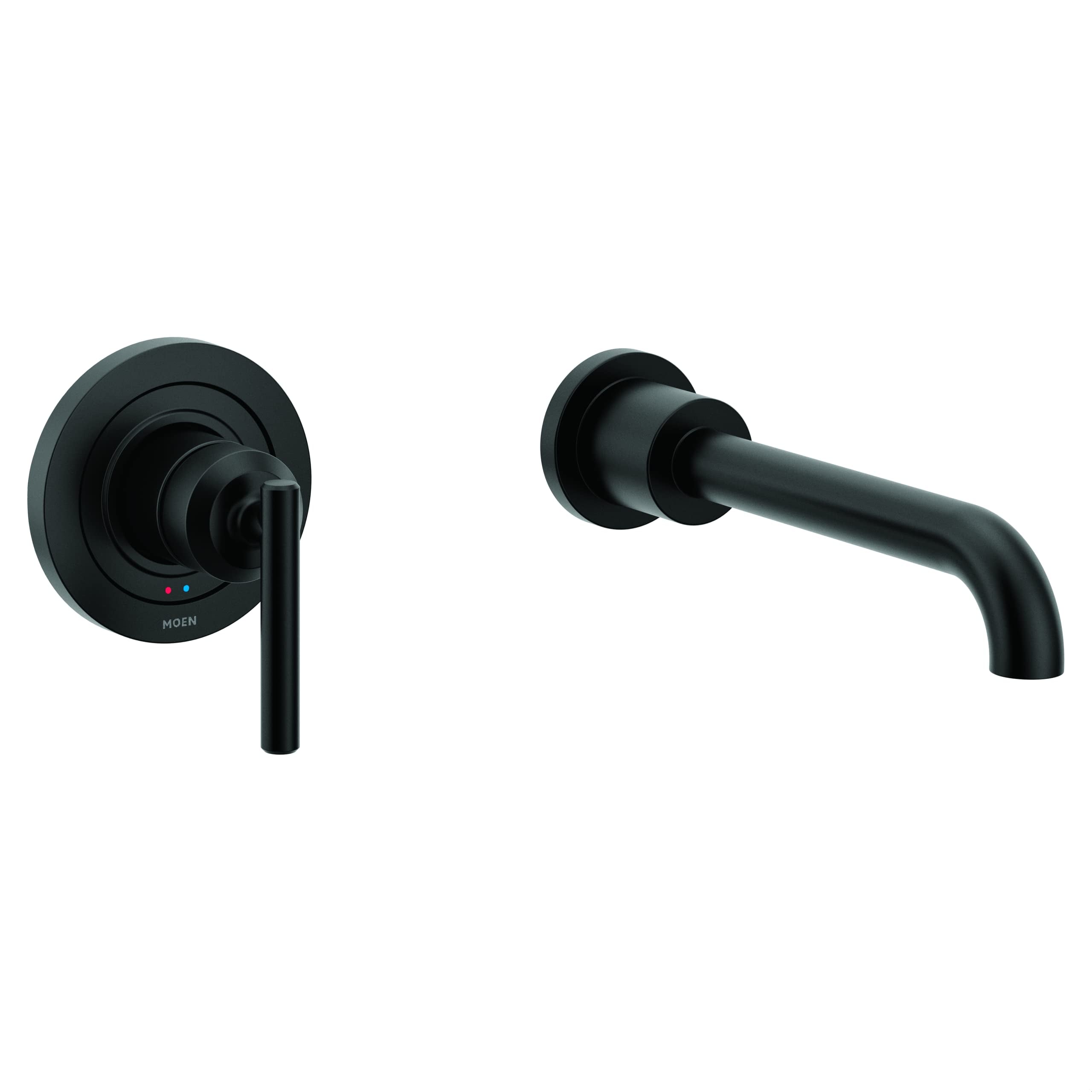 Moen Gibson matte black wall-mount tub faucet with single handle lever and curved spout.