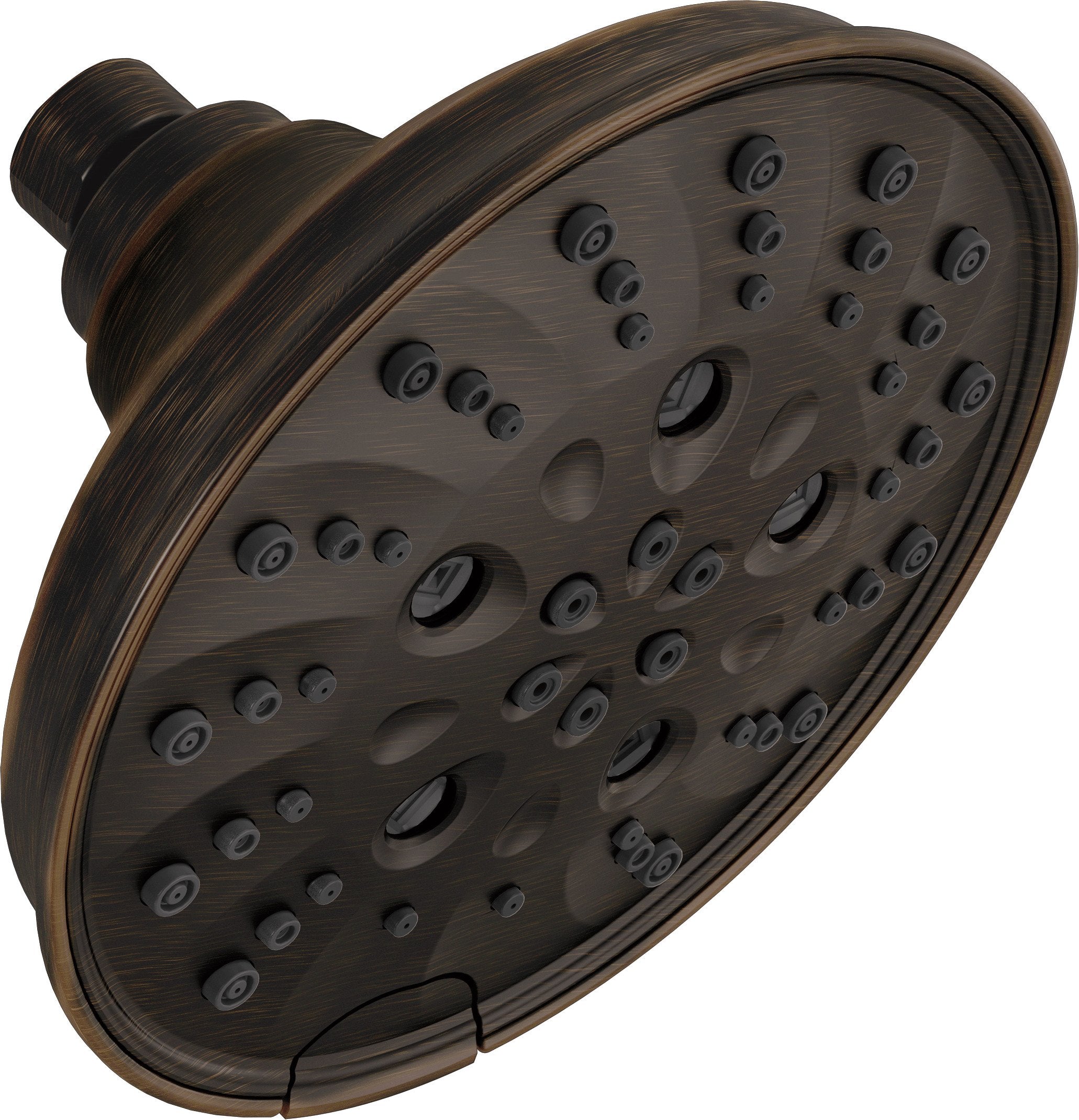 Oval raincan showerhead with multiple spray jets in oil-rubbed bronze finish and threaded connector arm.
