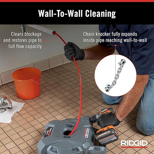 RIDGID K9-12 FlexShaft drain cleaning machine with red cable, black motor head, and chain knocker attachment displayed on flo
