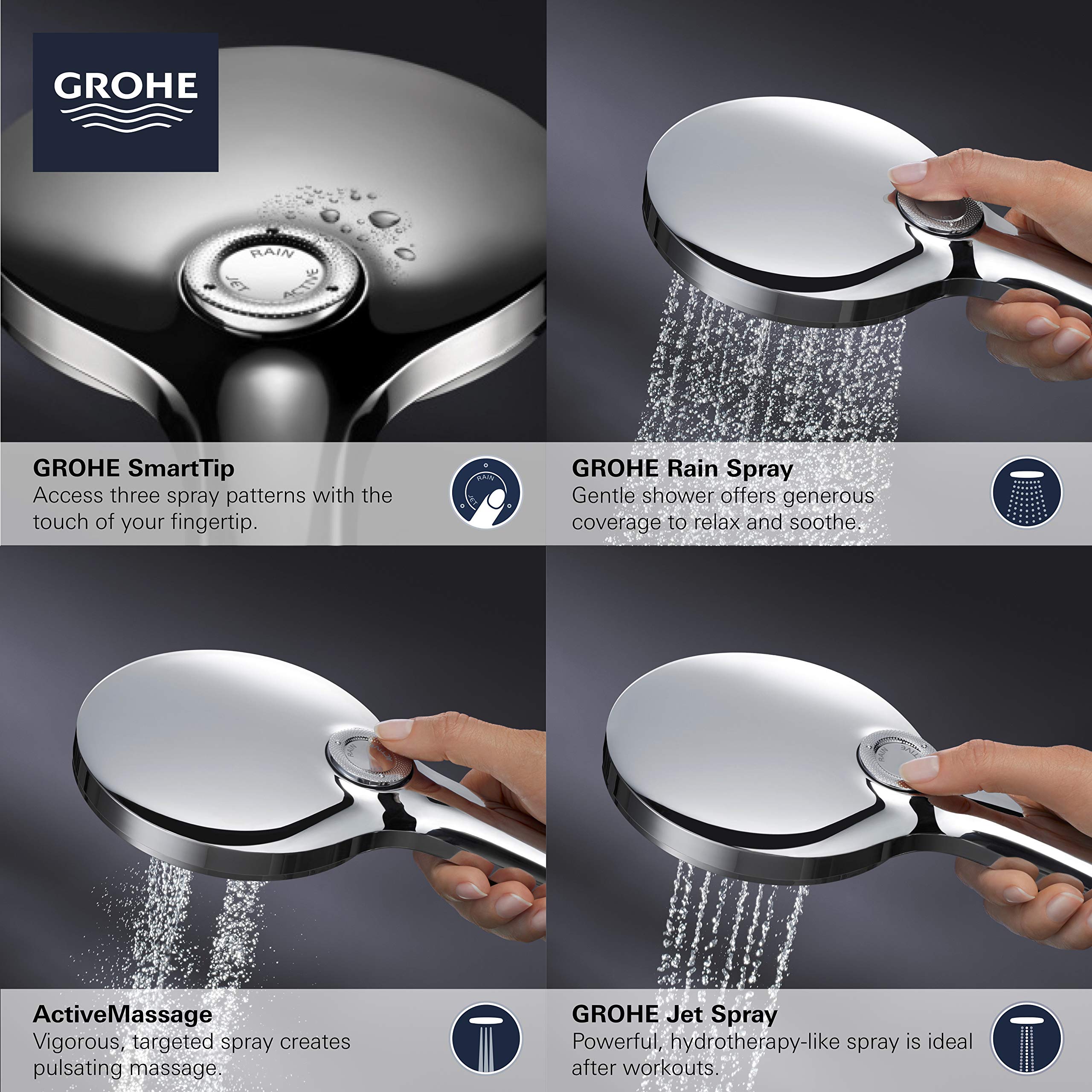 Grohe Rainshower 26552A00 Hand Shower - 3 Sprays, 1.75 gpm in Grohe Hard Graphite
