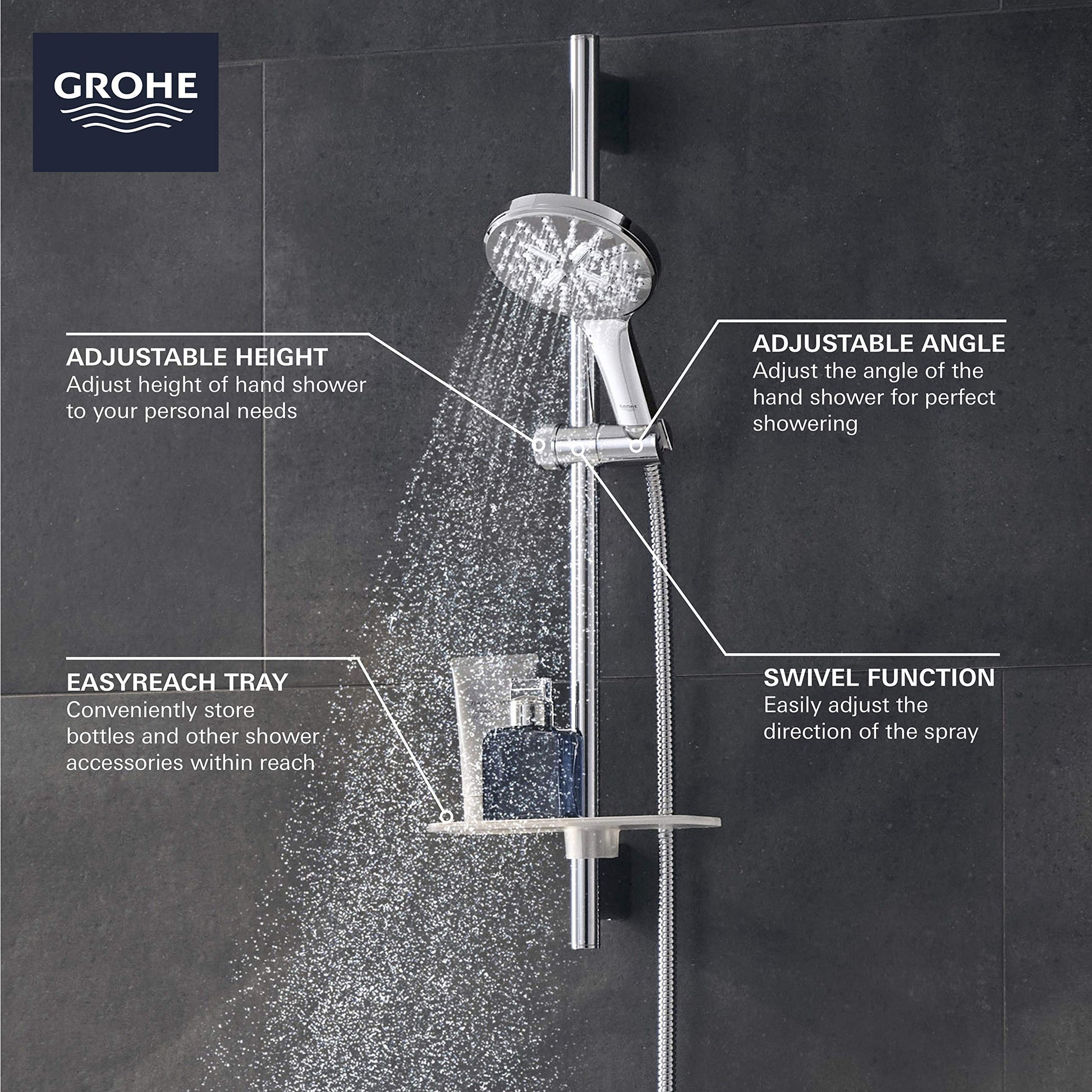 Grohe chrome shower slide bar kit with round showerhead, adjustable hand shower, integrated tray, and vertical rail showing w