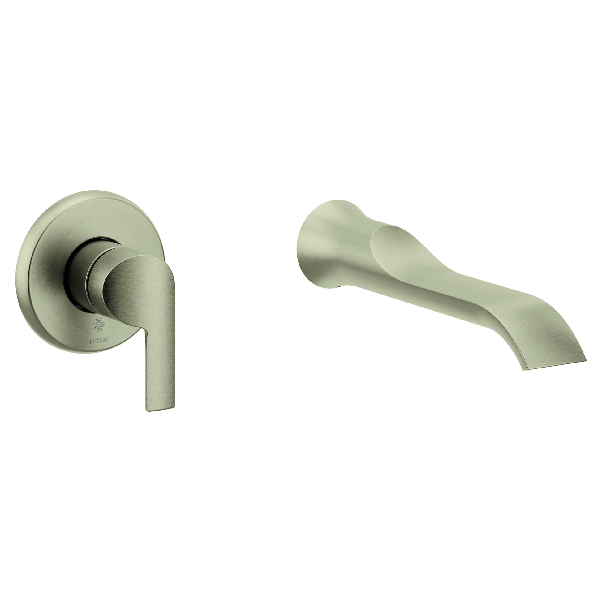 Brushed nickel wall-mount tub faucet with single lever handle and curved spout.