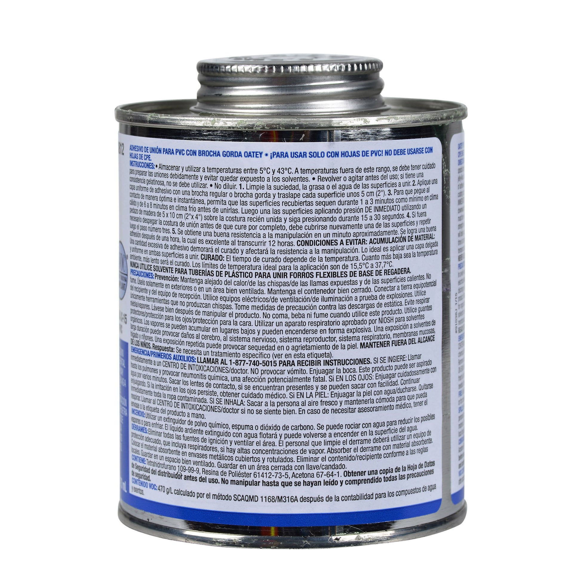 White PVC solvent cement container with metal screw-top lid and blue label with multilingual instructions.
