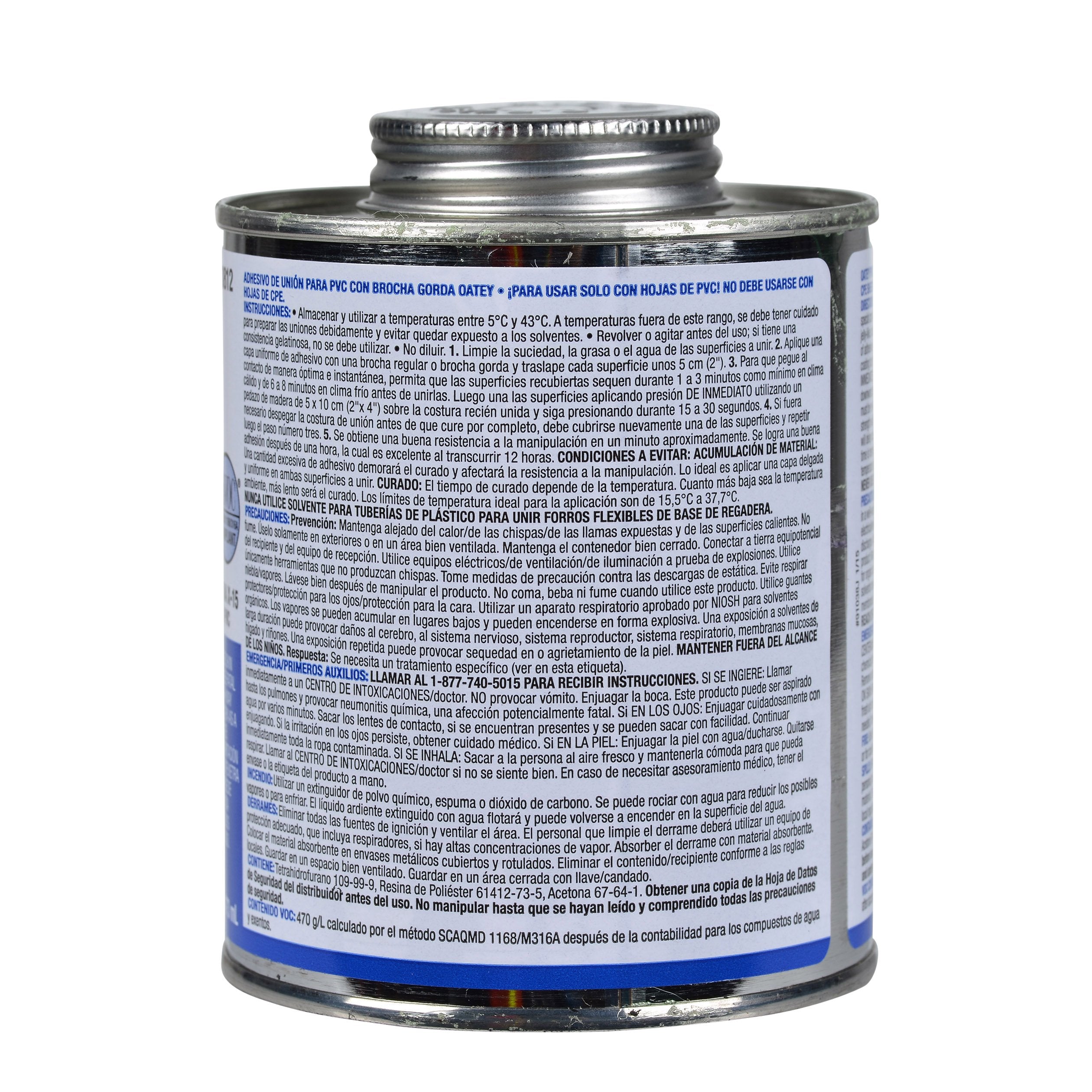 White PVC solvent cement container with metal screw-top lid and blue label with multilingual instructions.