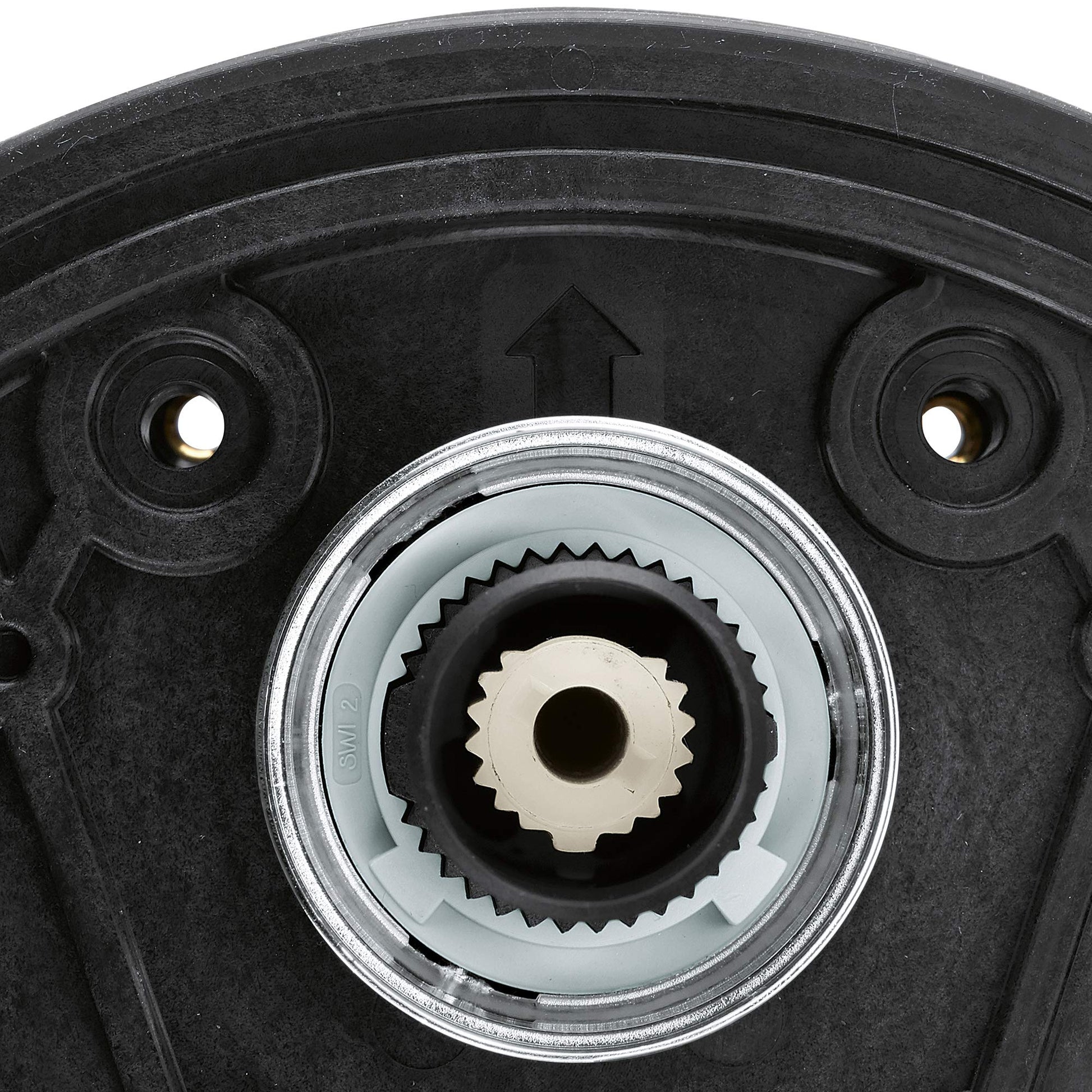 Black plastic stop ring with chrome center collar and white gear-like component, featuring two side mounting holes and direct