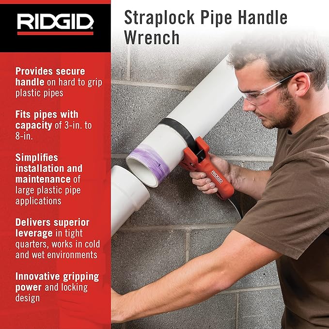 RIDGID Straplock pipe wrench with red handle gripping white PVC pipe, purple locking band visible.
