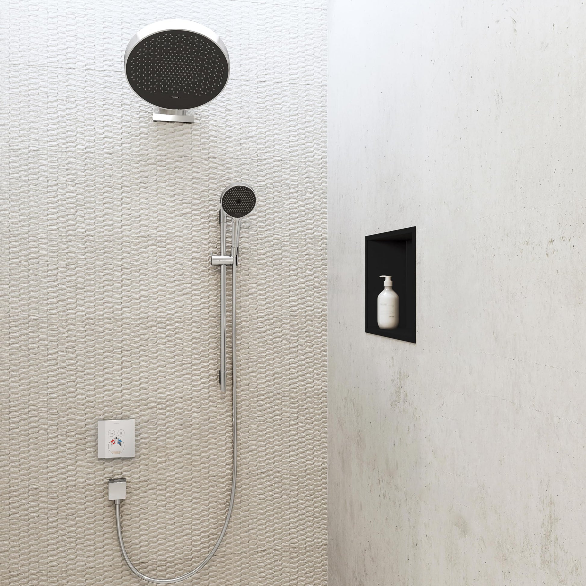 Matte black rectangular wall niche recessed into white tile bathroom wall, holding a white soap bottle.