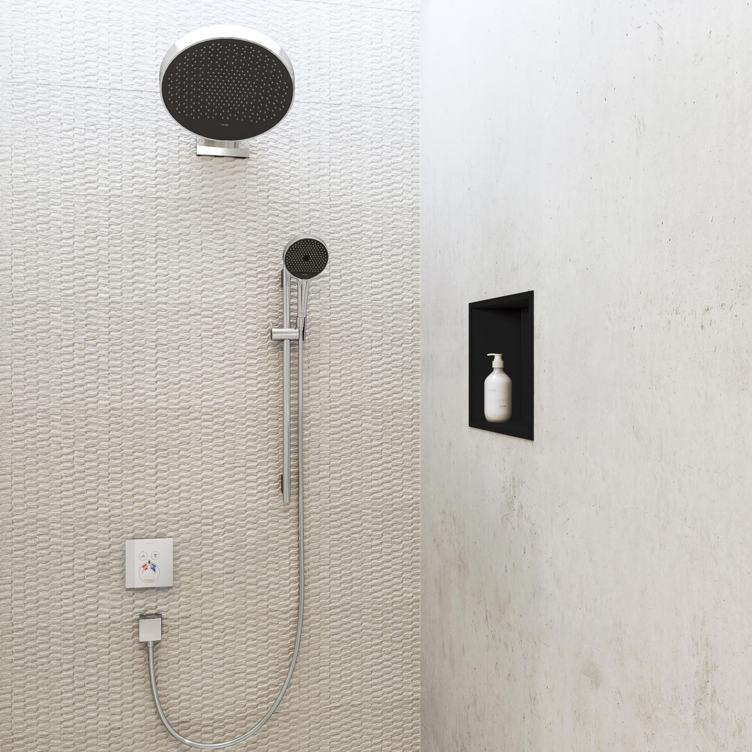 Matte black rectangular wall niche recessed into white tile bathroom wall, holding a white soap bottle.