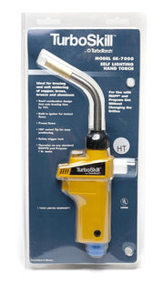 TurboSkill SK-7000 self-lighting hand torch with yellow body, curved metal tip, and black trigger mechanism in retail packagi