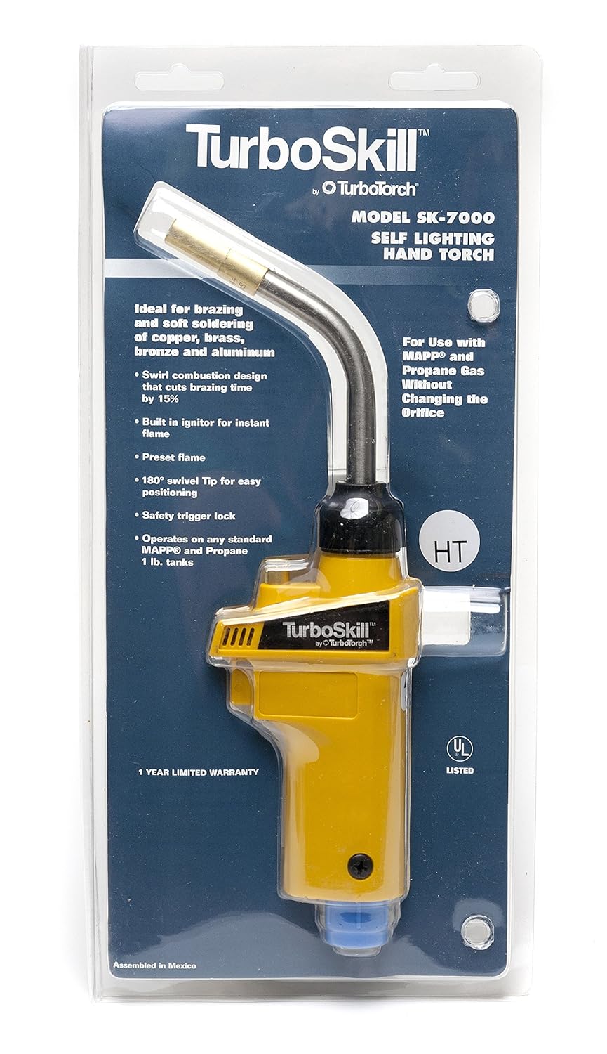 TurboSkill SK-7000 self-lighting hand torch with yellow body, curved metal tip, and black trigger mechanism in retail packagi